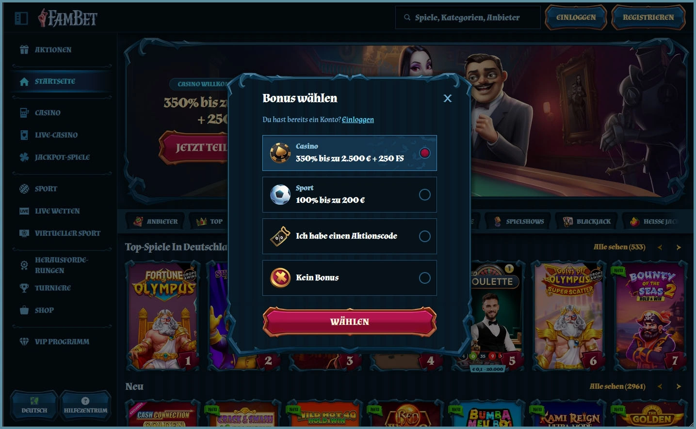 Erstbonus bei FamBetOnline Casino – Erhalte deinen ersten großen Bonus und Freispiele