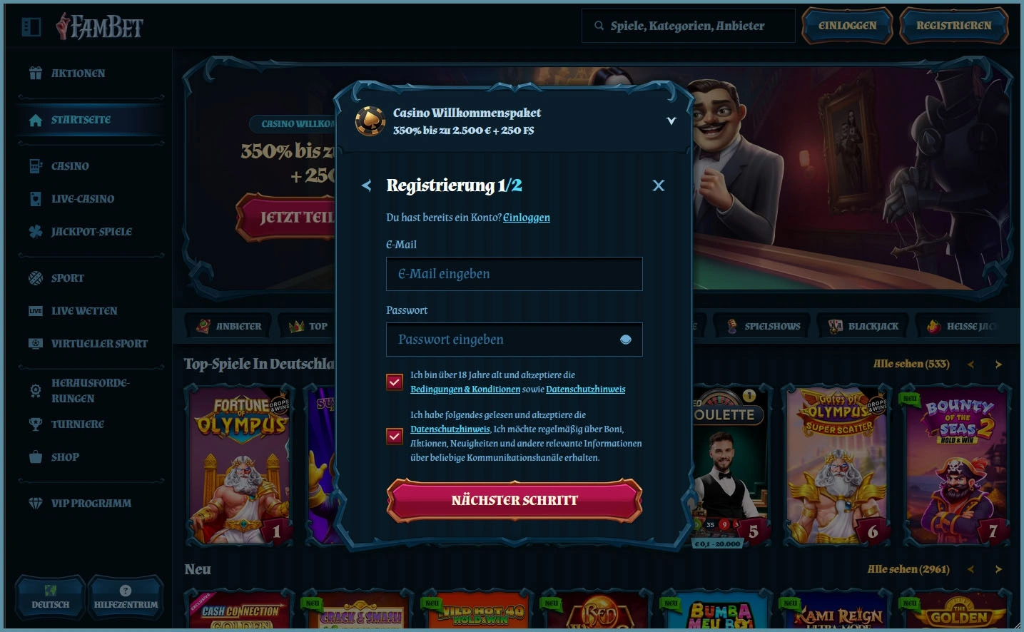 Werde heute Mitglied bei FamBetmit schneller Registrierung